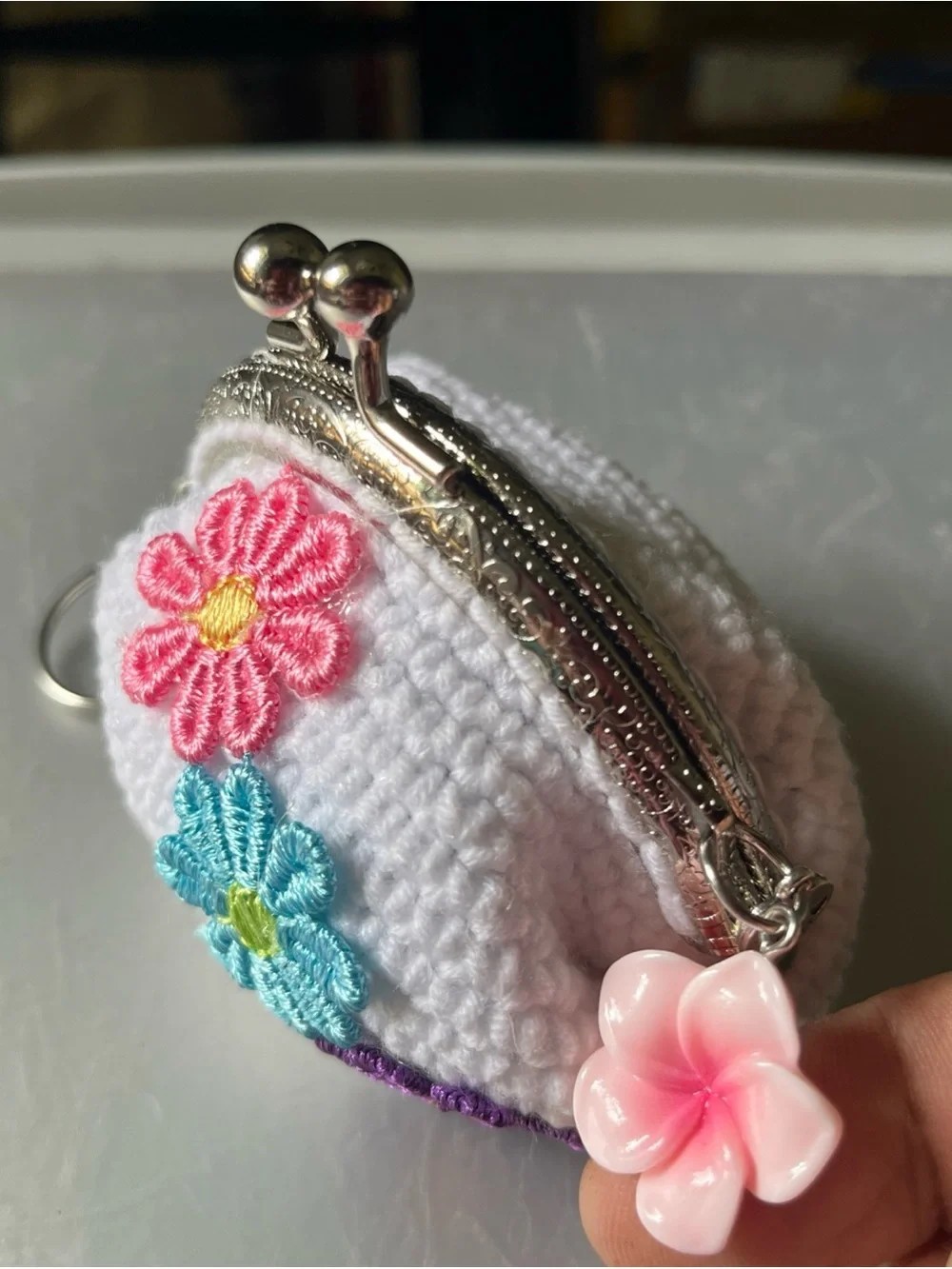 White Crochet Coin Purse with Pink, Blue & Purple Flower Appliqués New 3”x3.5”